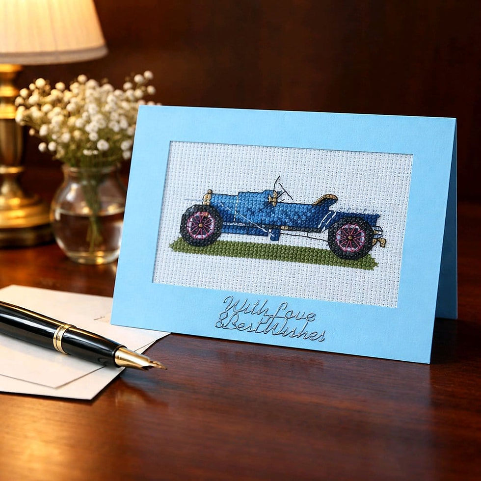 handcrafted greeting card of a classic open topped Bugatti car