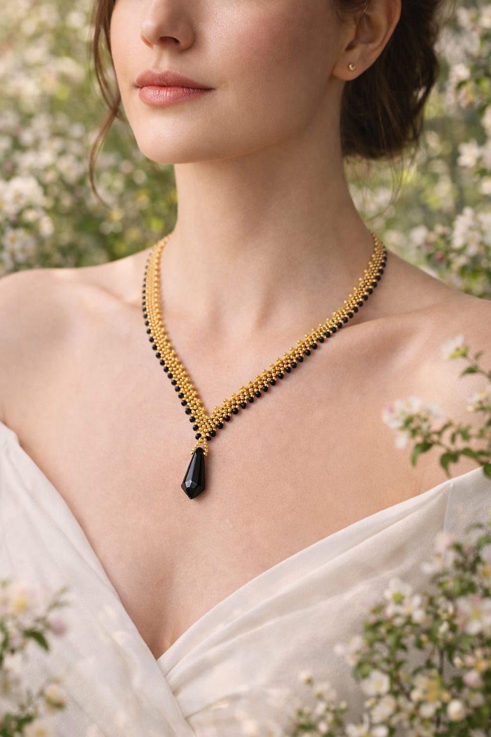 Handmade gold beaded necklace with jet black crystal pendant
