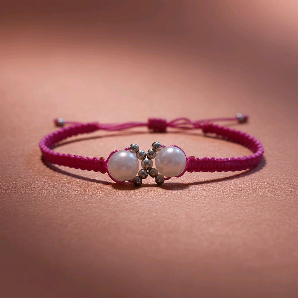 Thumbnail: Handmade dusky pink marcrame bracelet, including faux pearls, silver beads
