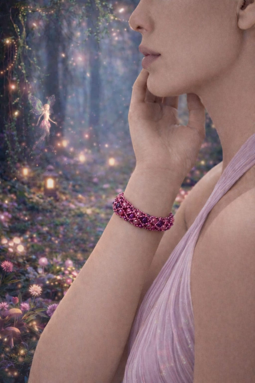 Handmade dark purple, light pink, and fuchsia beaded bracelet
