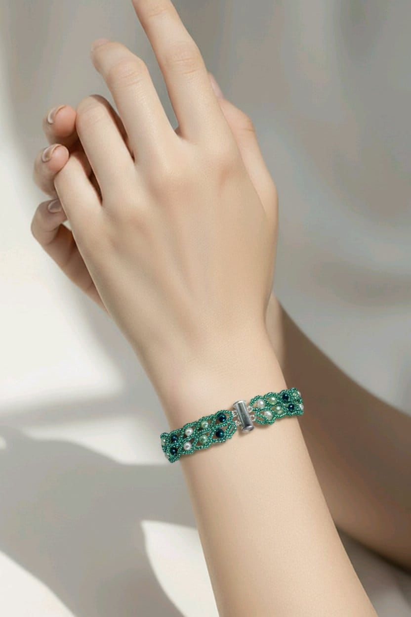 Thumbnail: Handmade 3 shaded green beaded bracelet