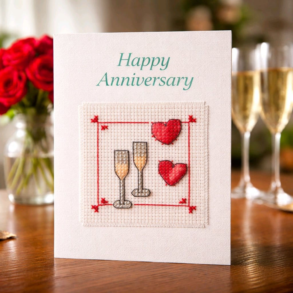Handcrafted anniversary card of champagne glasses and hearts
