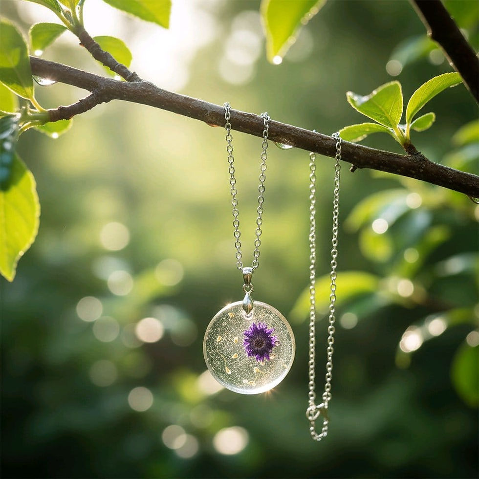 Handmade clear purple flower resin necklace with silver chain
