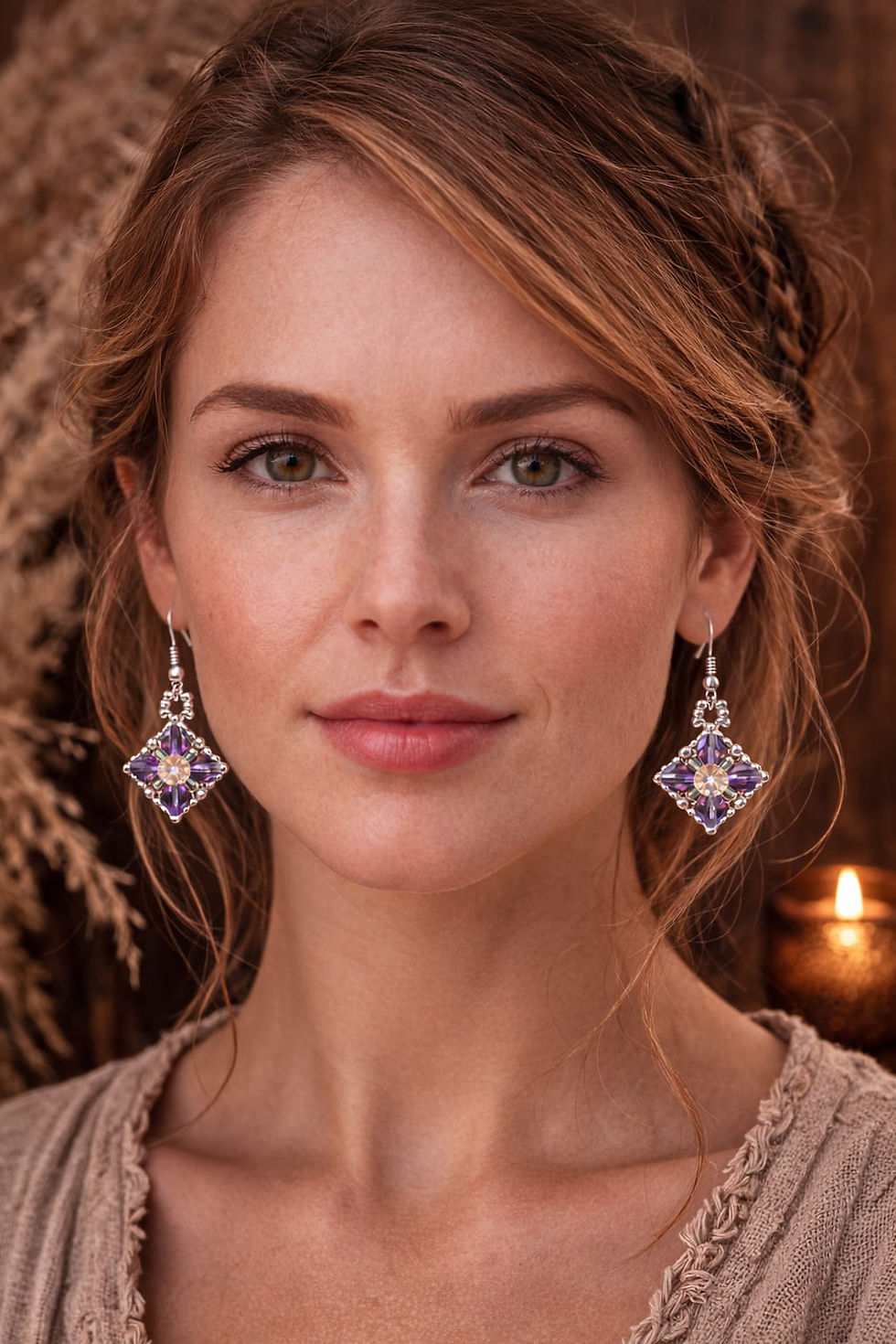 Thumbnail: Handmade silver and purple bead necklace with centre rhinestone