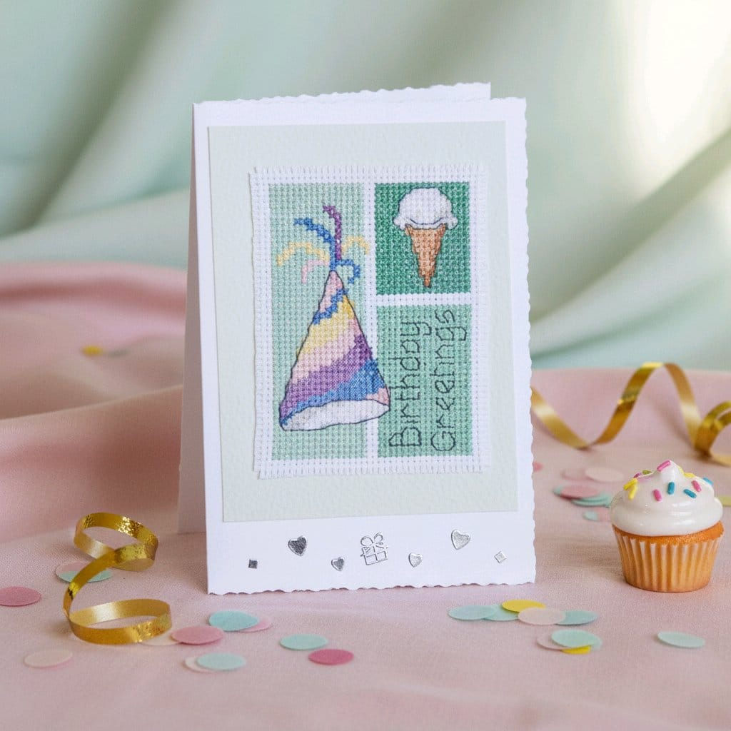 handcrafted birthday card of a party hat and ice cream cone
