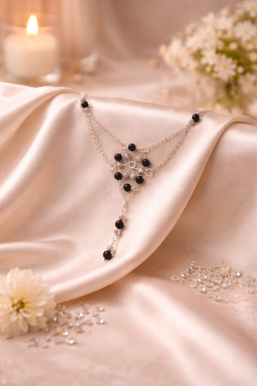 Handmade wire wrapped pendant using silver dust and black beads with a silver chain