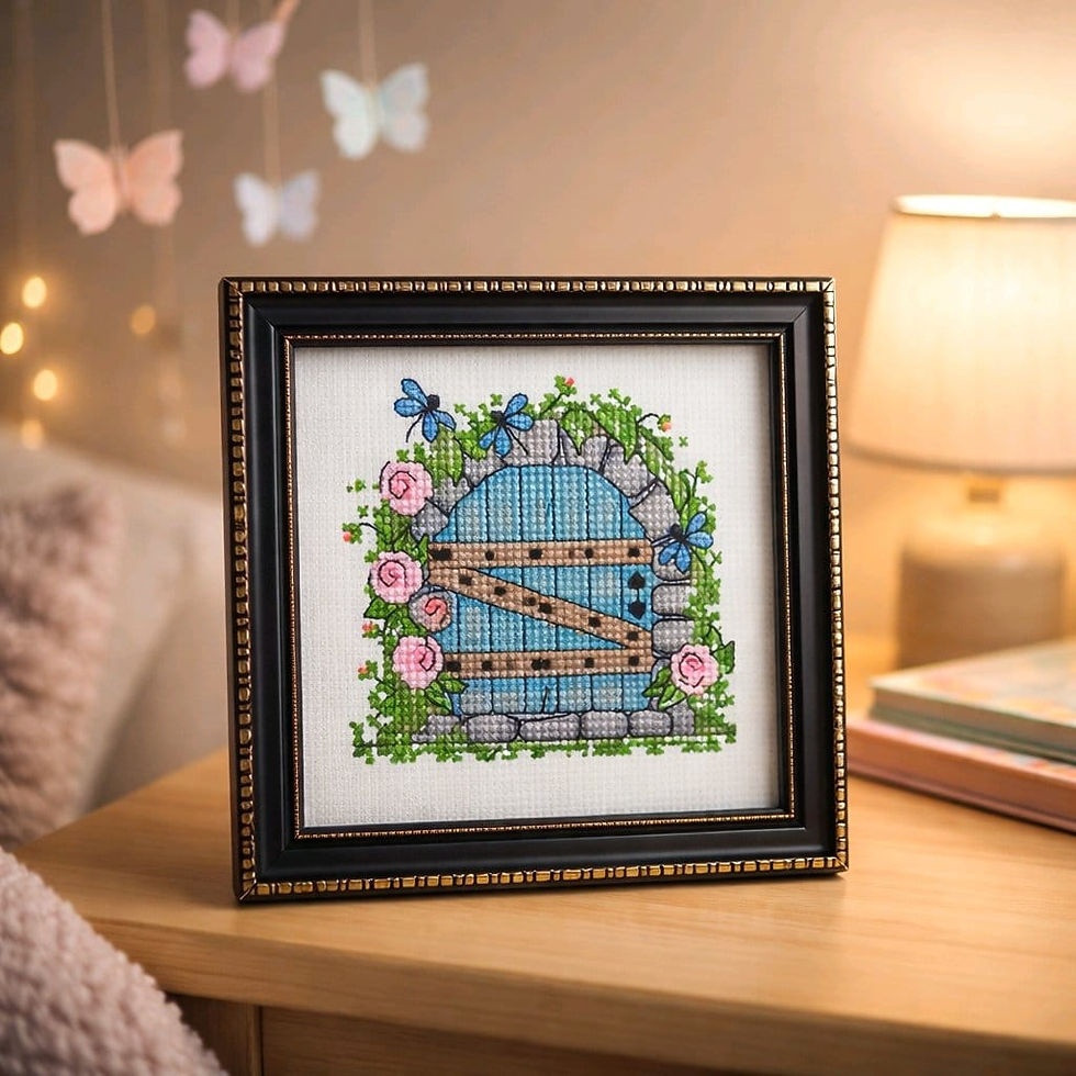 cross stitch picture of door, flowers, butterflies ideal gift for any occasion