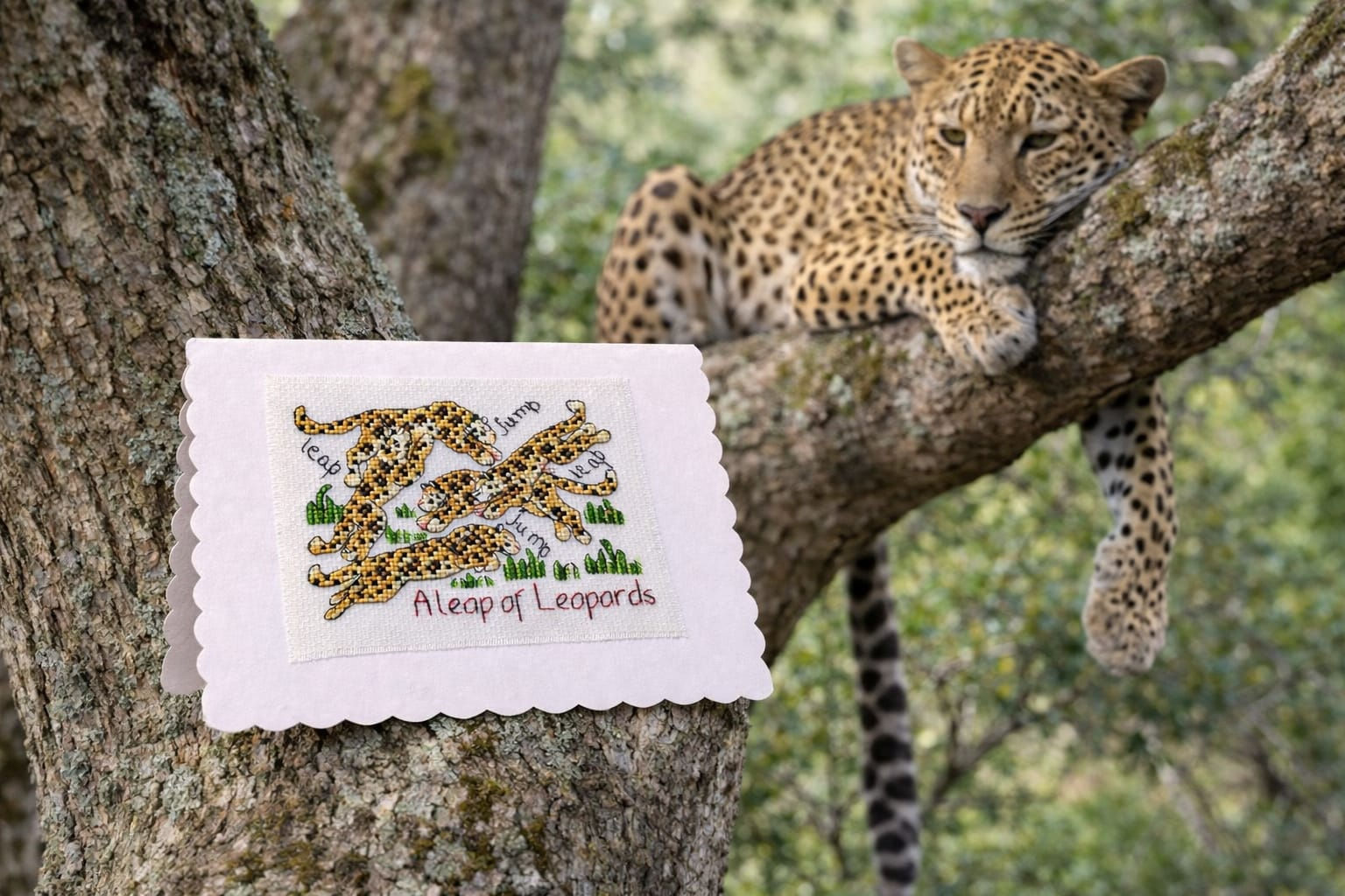 handcrafted card of A leap of leopards
