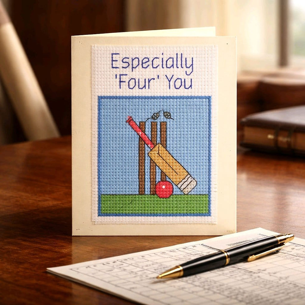 handcrafted 'Especially Four you' card of cricket bat, stumps and ball
