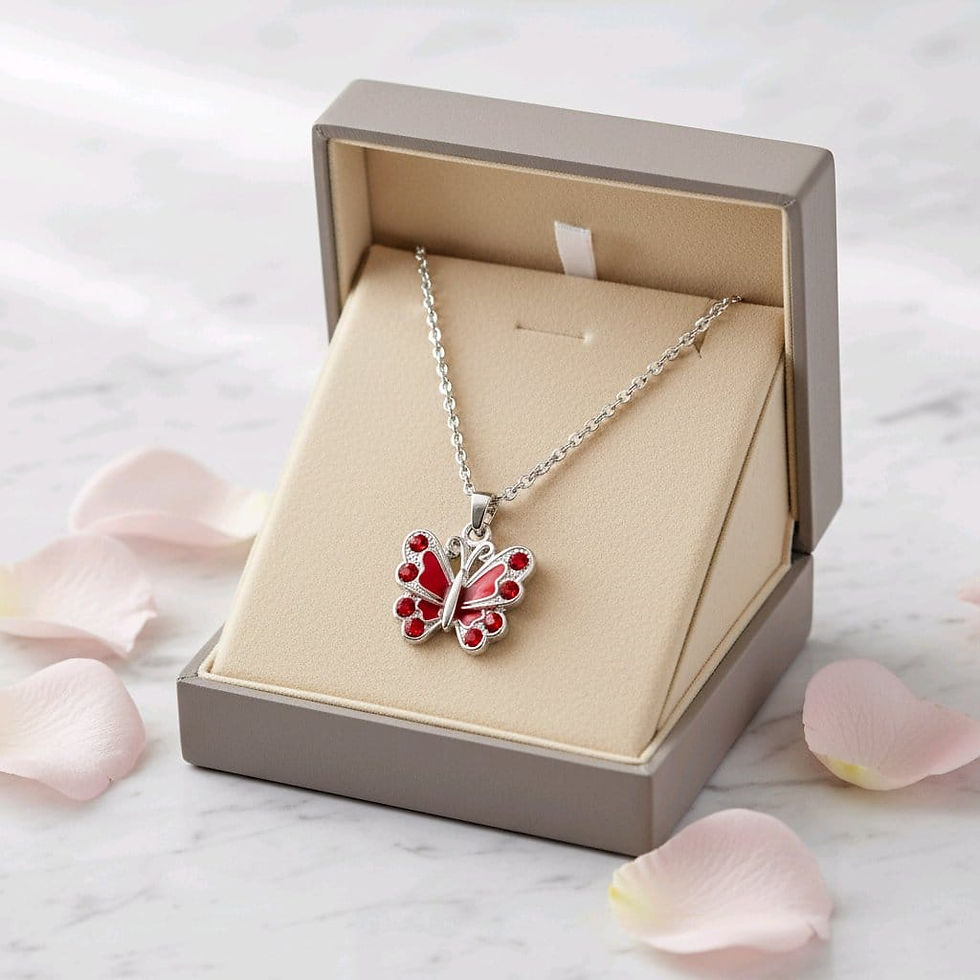 Thumbnail: Handcrafted red butterfly rhinestone on a silver necklace