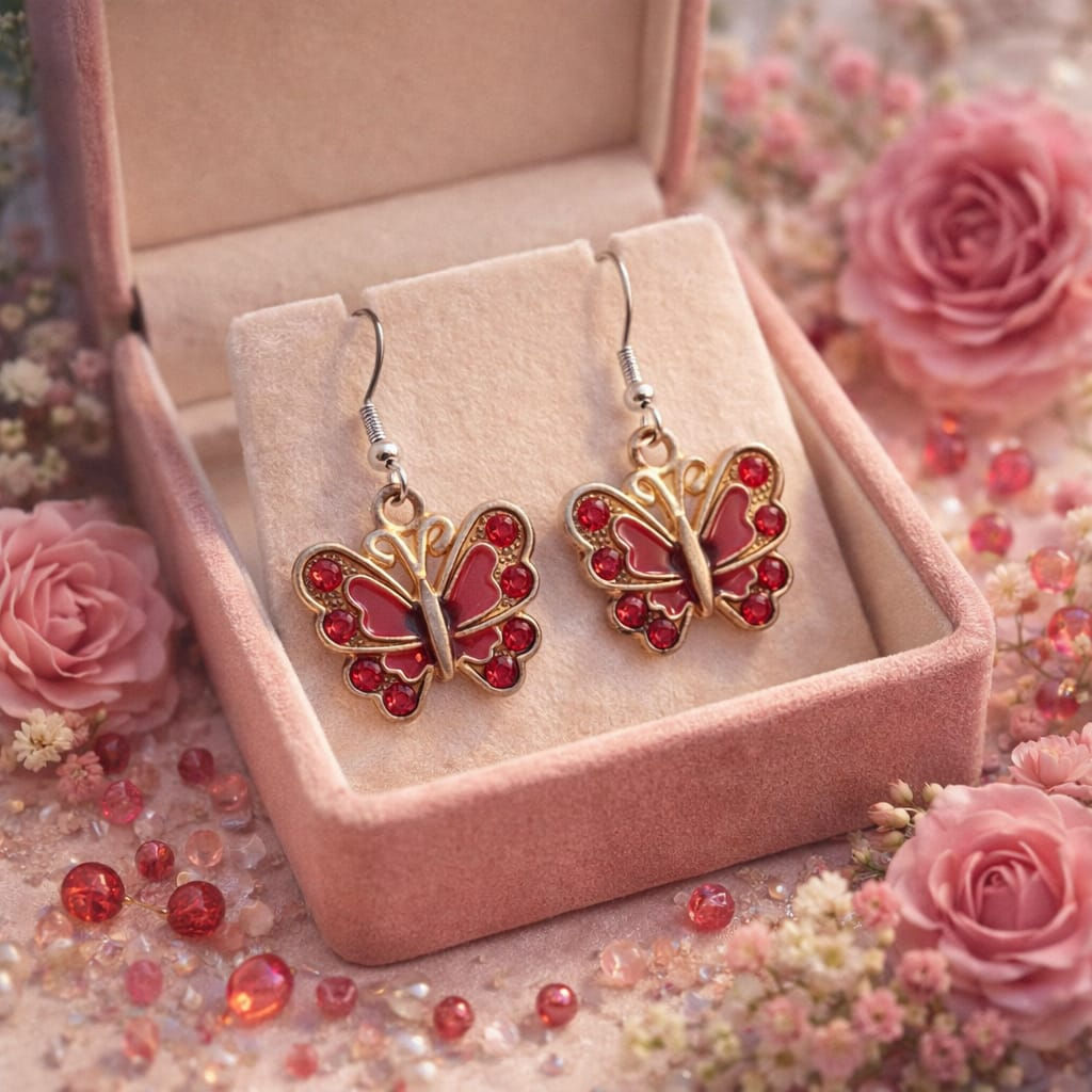 Handcrafted red butterfly rhinestone earrings