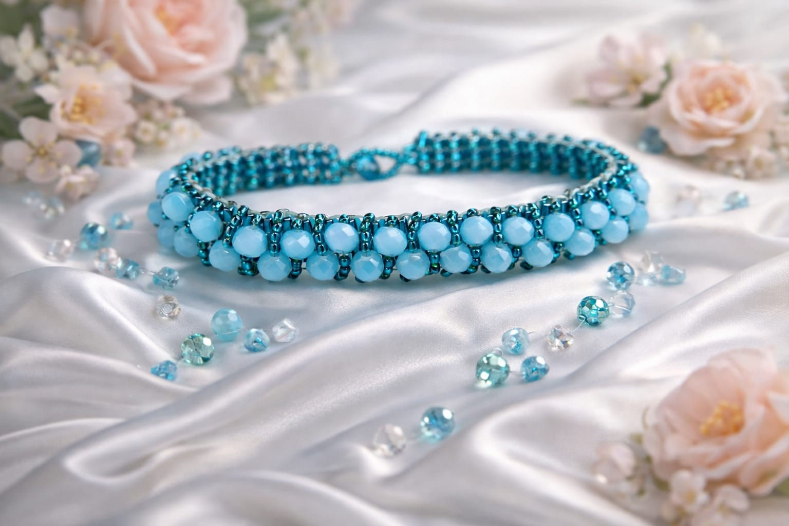 Handmade blue, turquoise and teal beaded bracelet