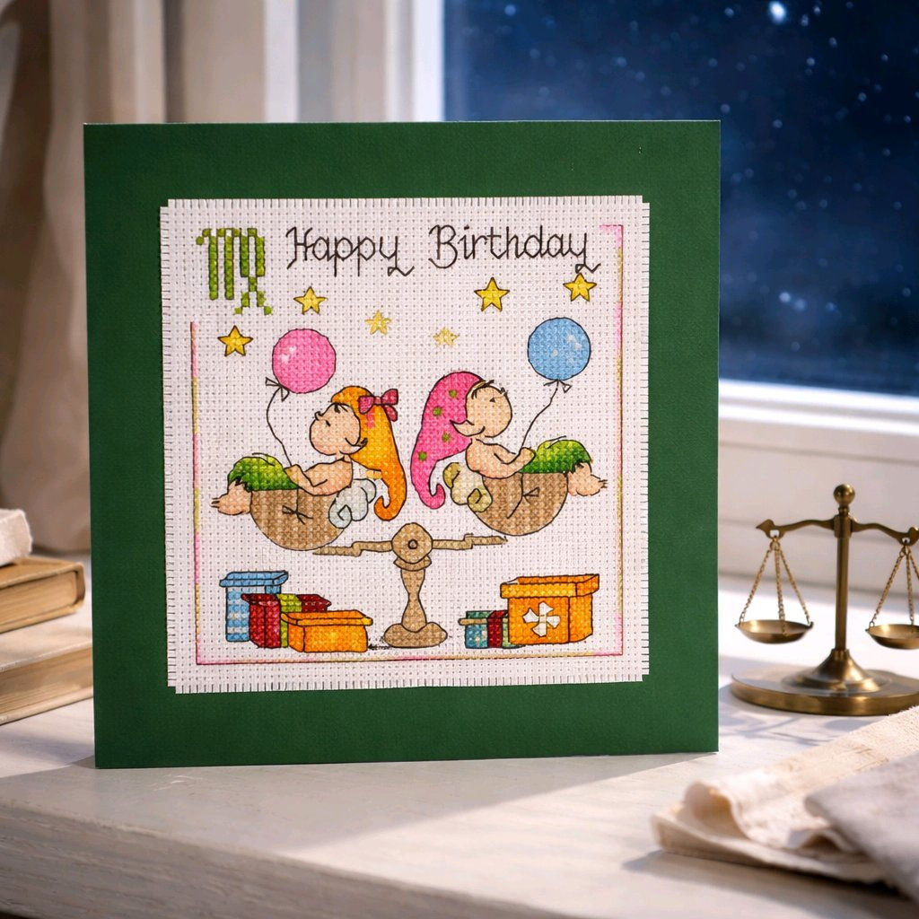 Handcrafted card of two babies on a set of balanced scale depicting the star sign Libra