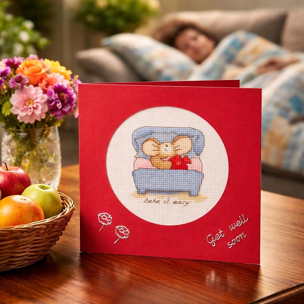 Thumbnail: handcrafted Get Well card of a mouse in bed