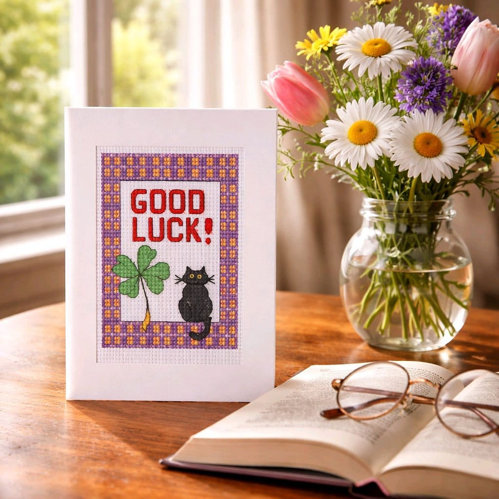 handcrafted good luck card of a black cat and four leafed clover