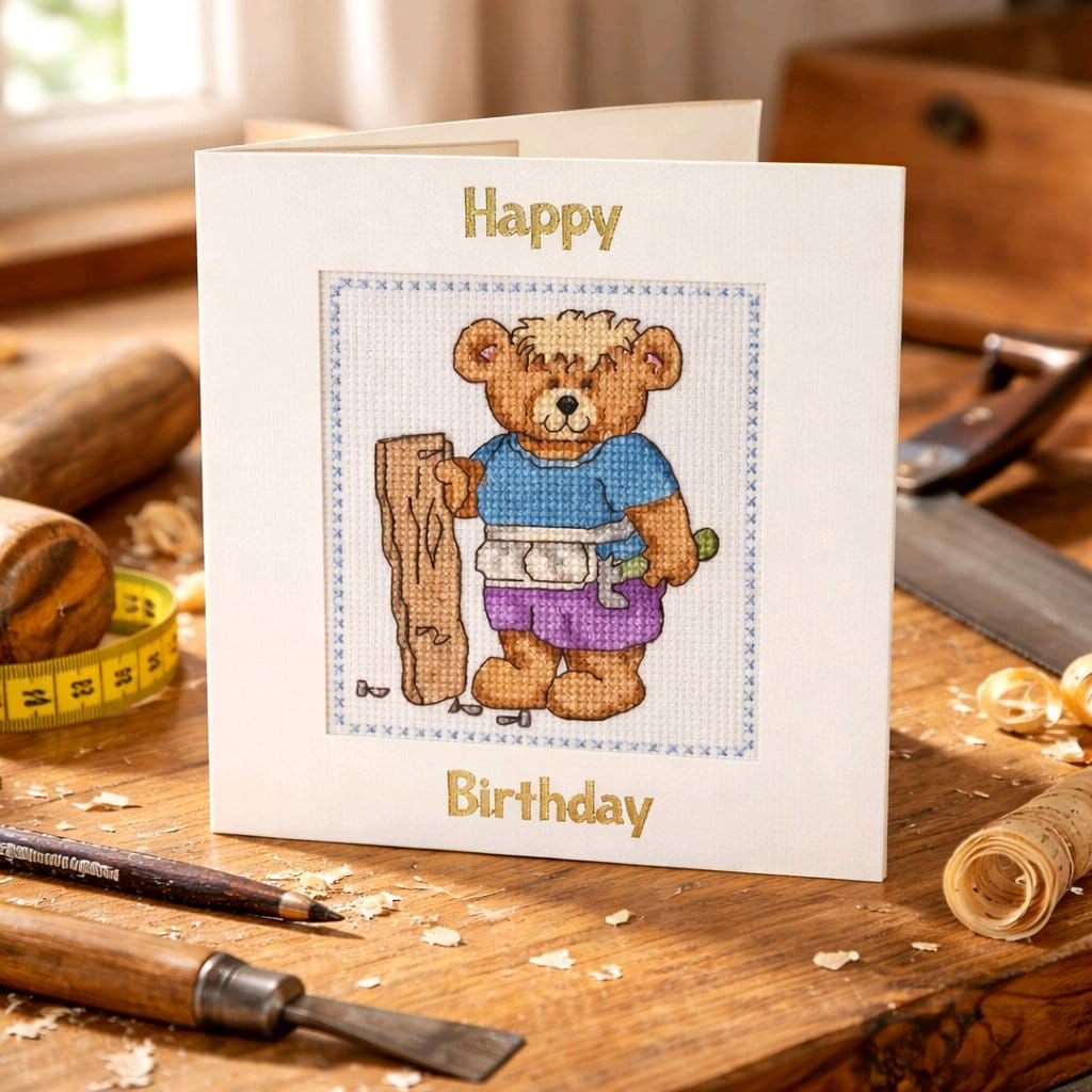 handcrafted birthday card of a bear busy at carpentry
