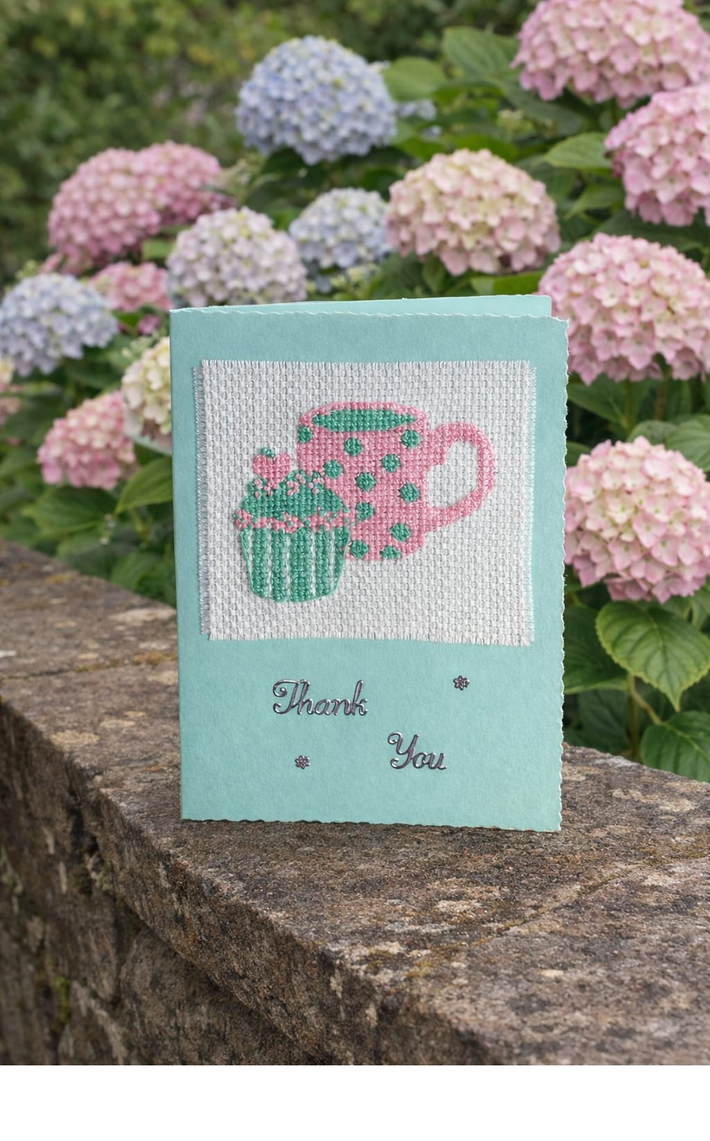 handcrafted Thank You card of mug and cupcake