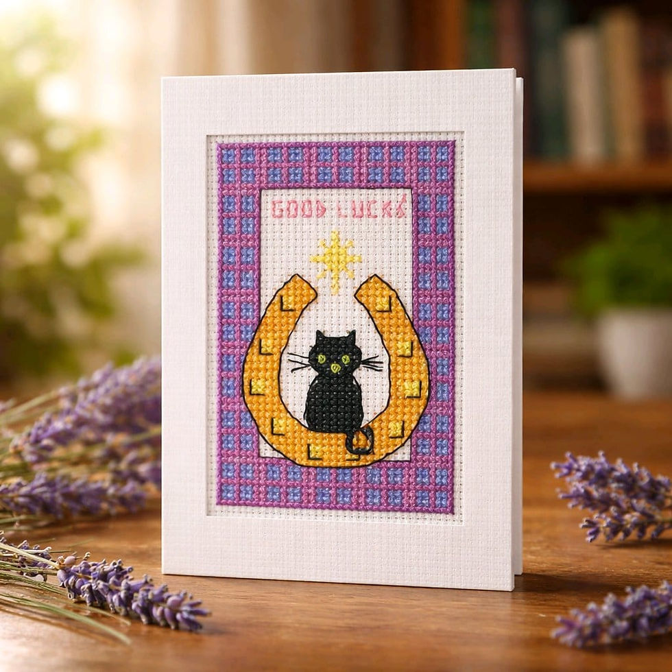 Thumbnail: handcrafted good luck card of black cat and horseshoe