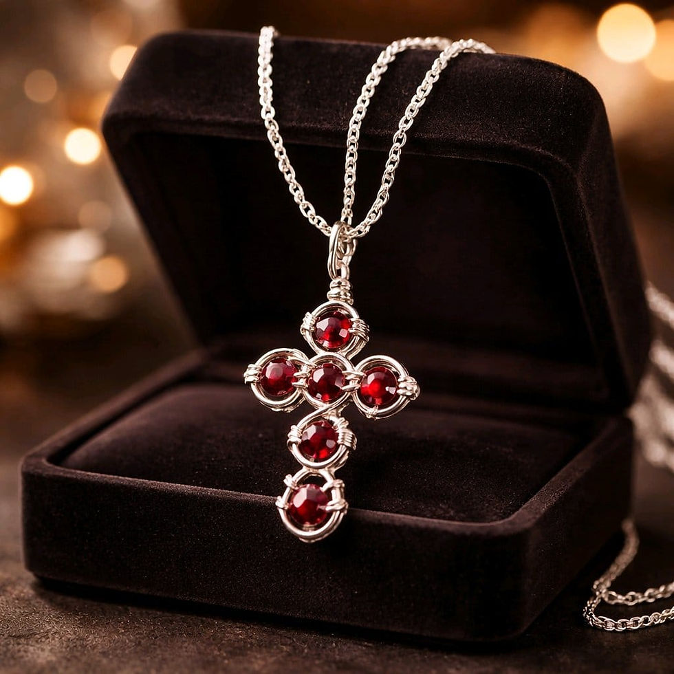 Thumbnail: Handmade wire wrapped red beaded cross necklace