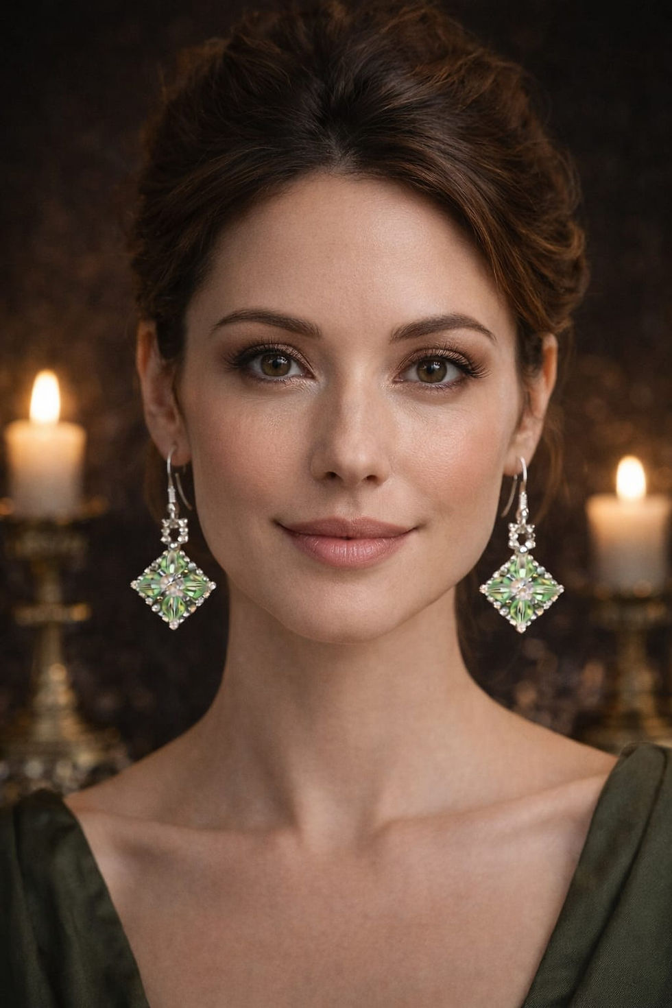 Thumbnail: Handmade silver and lime green bead necklace with centre rhinestone