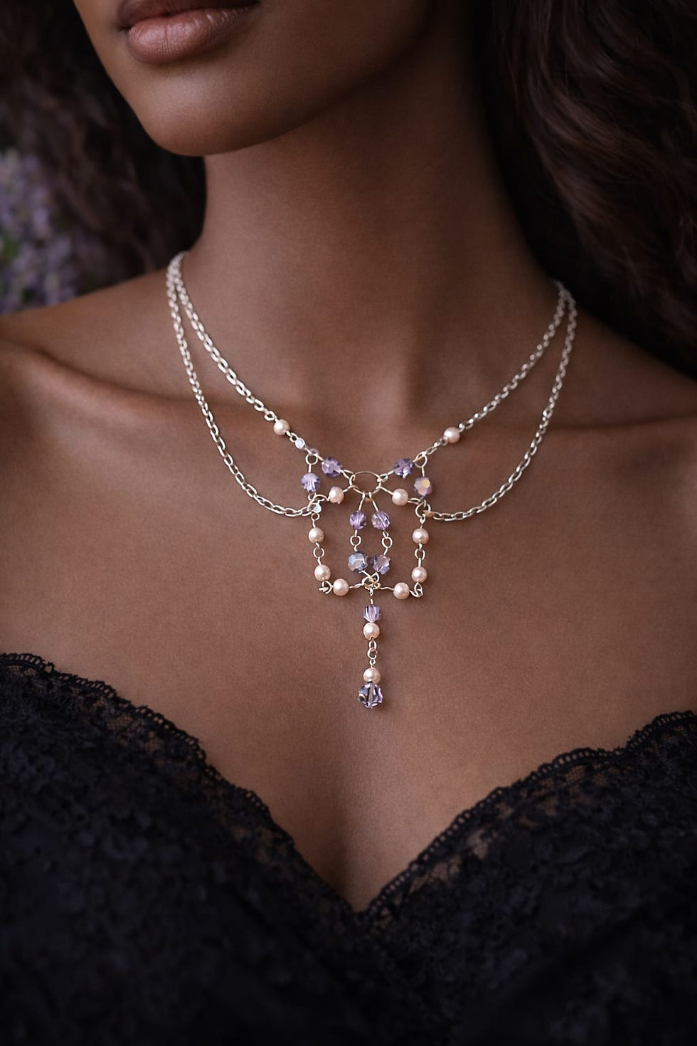 Thumbnail: Handmade wire wrapped pendant using pink and lavender beads with a silver chain