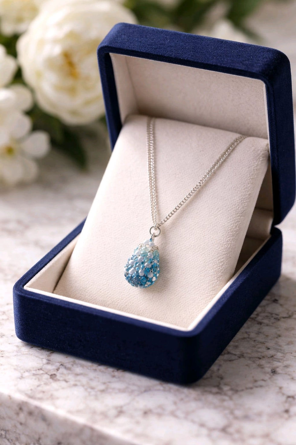 Thumbnail: Handmade blues and white beaded pendant necklace on silver chain