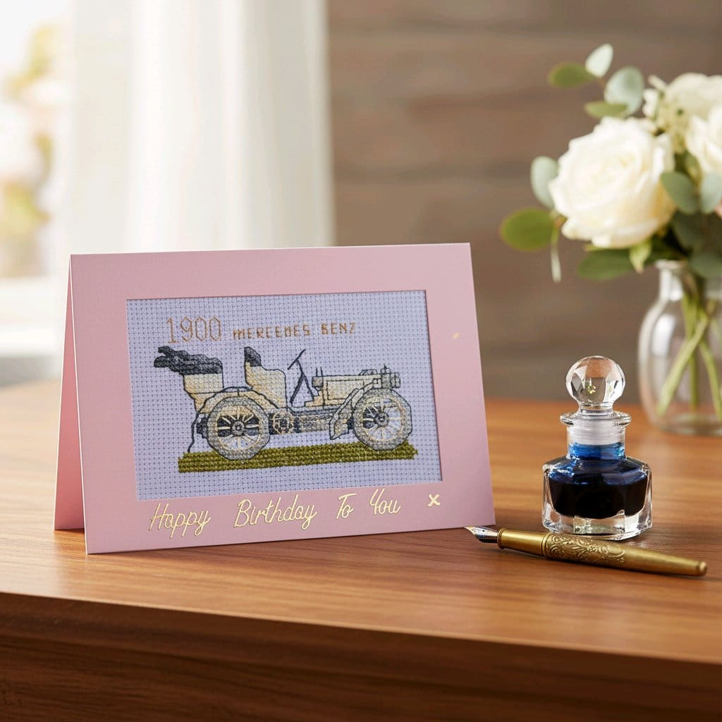 Pink greeting card featuring a sleek illustration of a Mercedes-Benz car