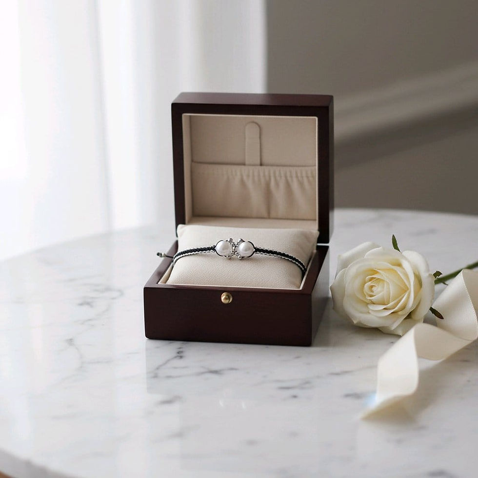 Thumbnail: Handmade black and white marcrame bracelet, including faux pearls, silver beads