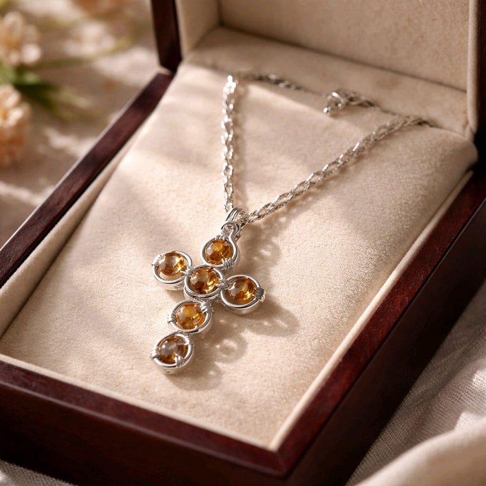 Thumbnail: Handmade wire wrapped orange beaded cross necklace