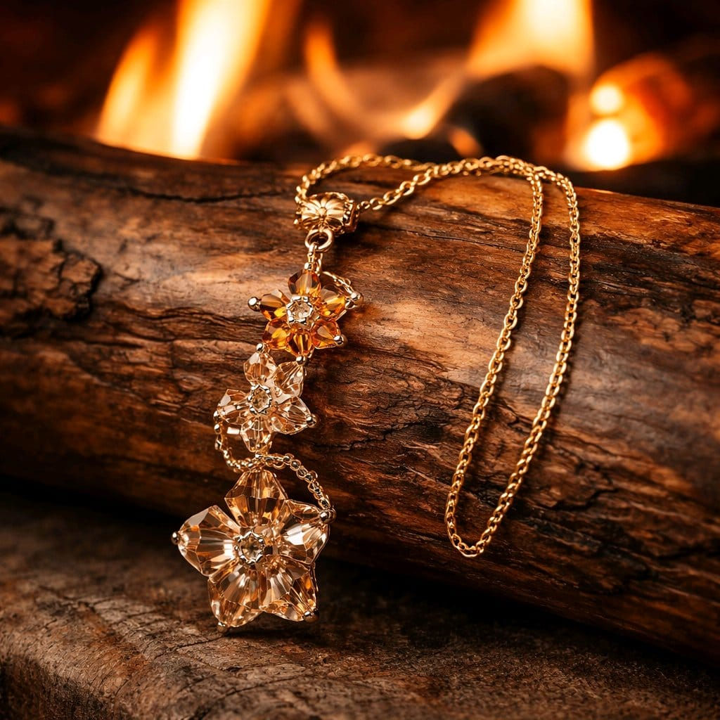 Handmade 3 tier orange flower, gold chained necklace