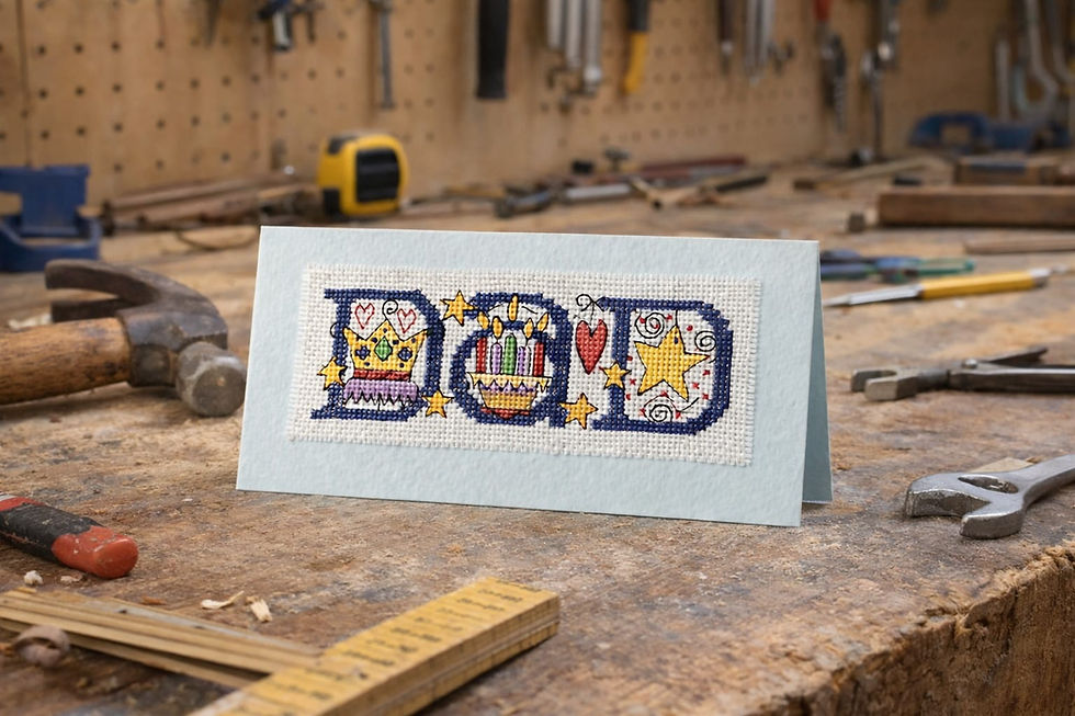 handcrafted card with the word Dad decorated with candles, crown and stars 