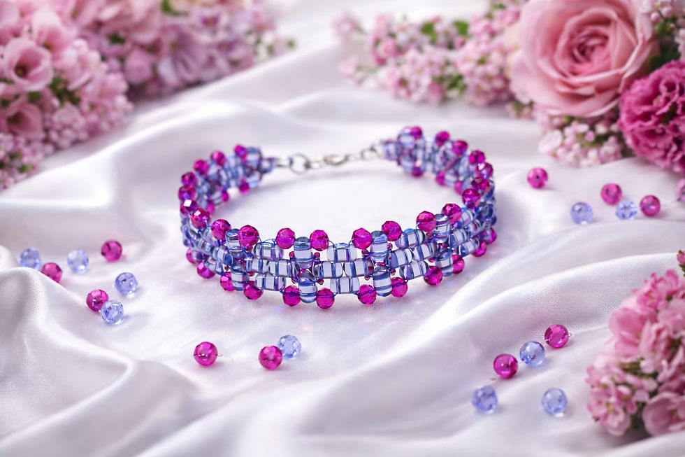Handmade rulla bracelet stitched with transparent tanzanite and pink beads
