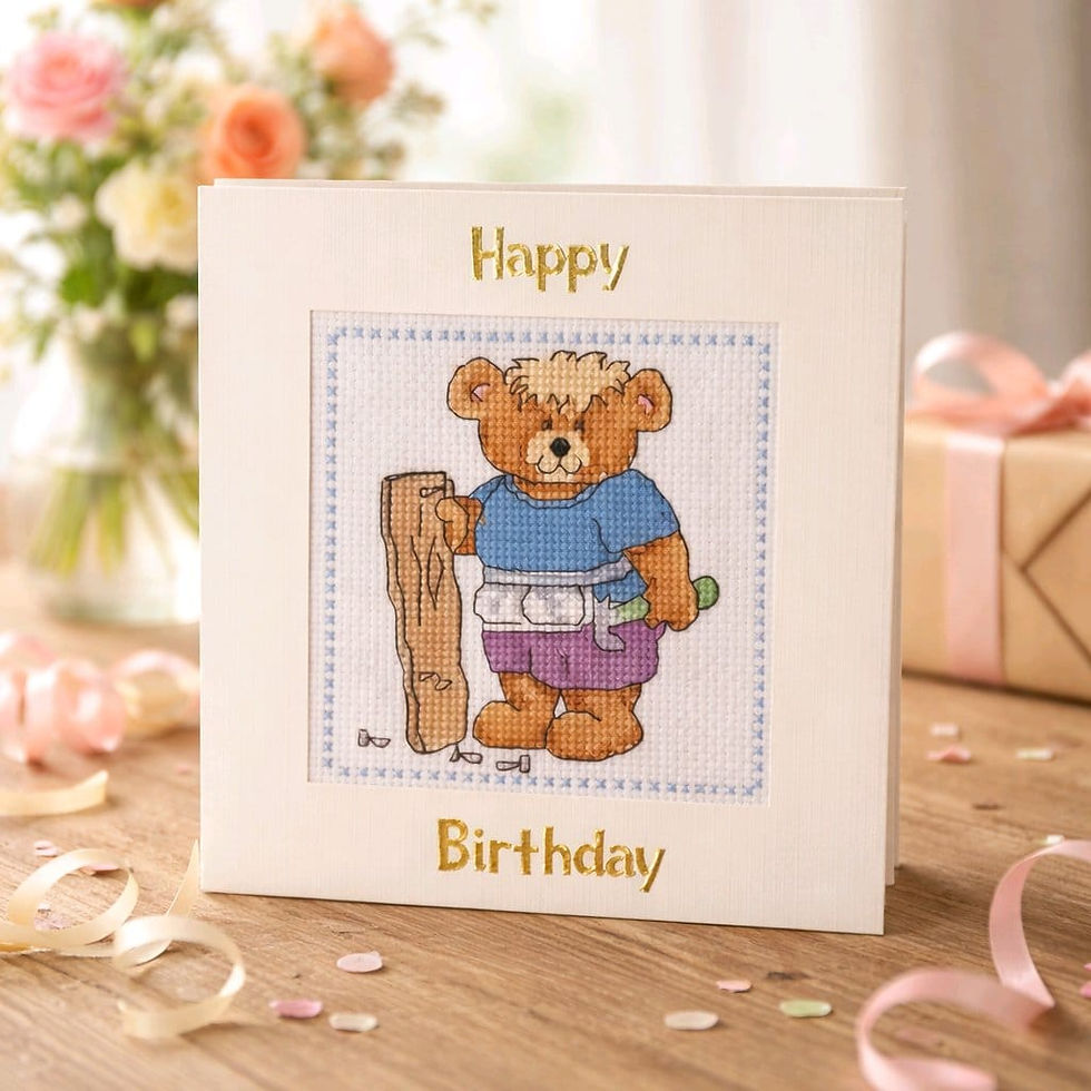 Thumbnail: handcrafted birthday card of a bear busy at carpentry