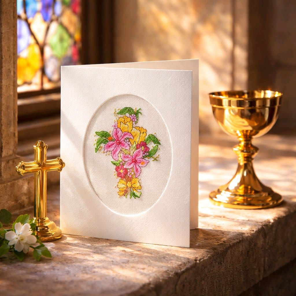 handcrafted greeting card of a flower cross embellished with seed beads
