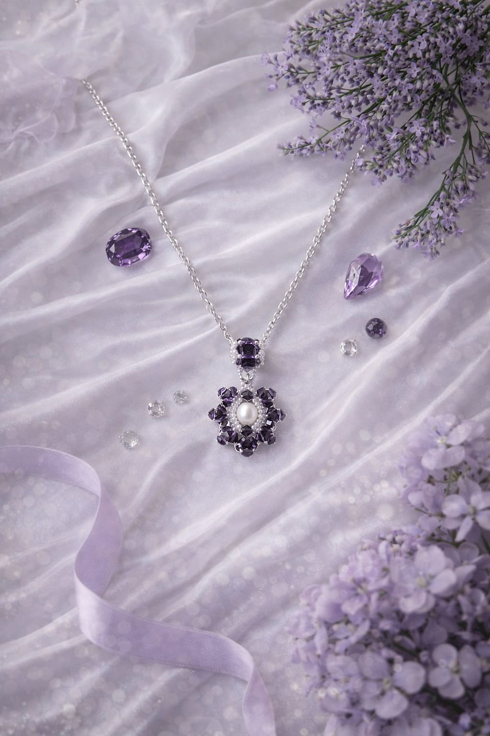 Handmade purple crystals and pearl beaded necklace