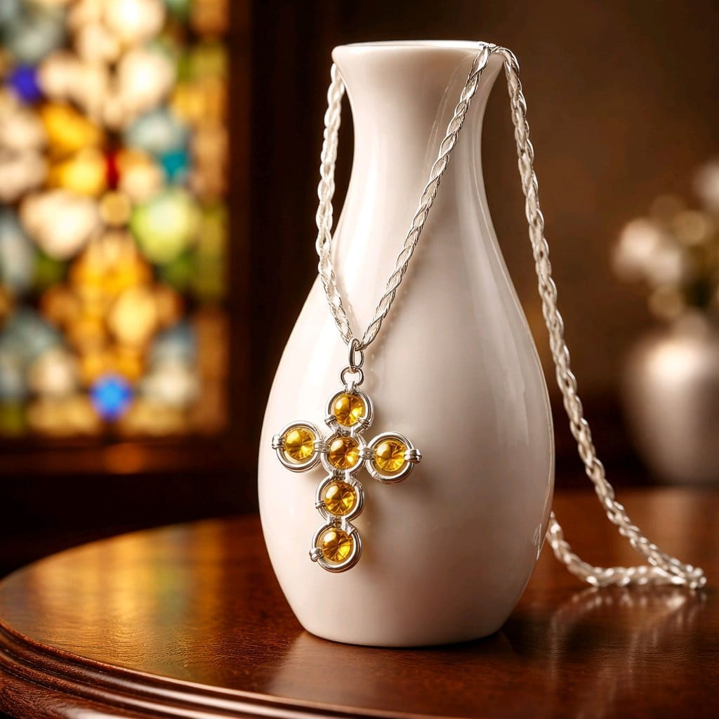 Handmade wire wrapped orange beaded cross necklace