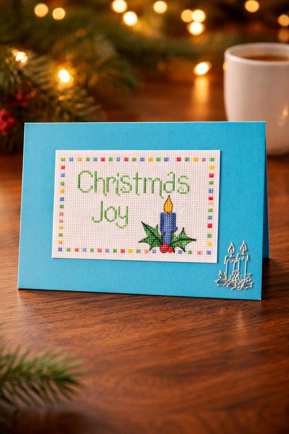 Thumbnail: handmade Xmas card of flaming blue candle and holly