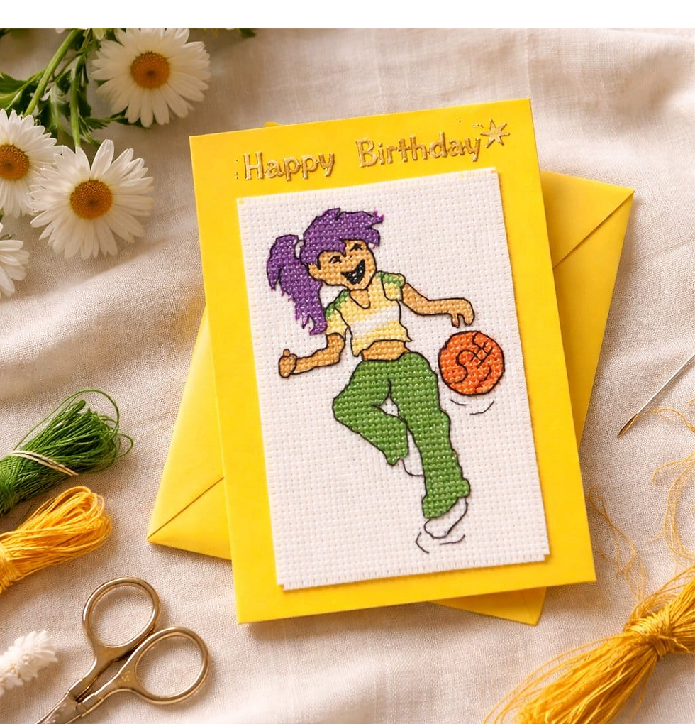 Thumbnail: handcrafted birthday card of a girl playing netball