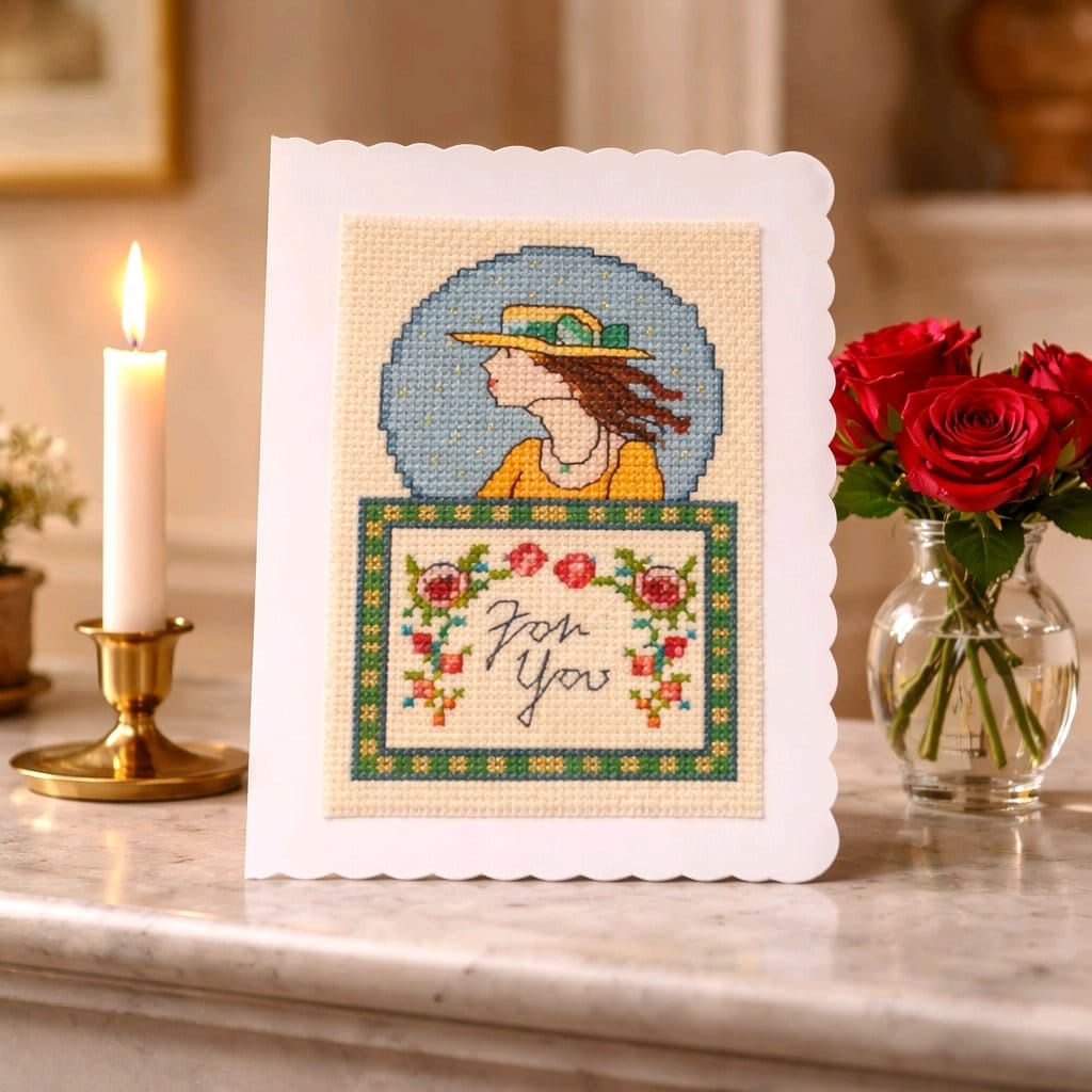 handcrafted card 'For You' with lady wearing straw boater hat