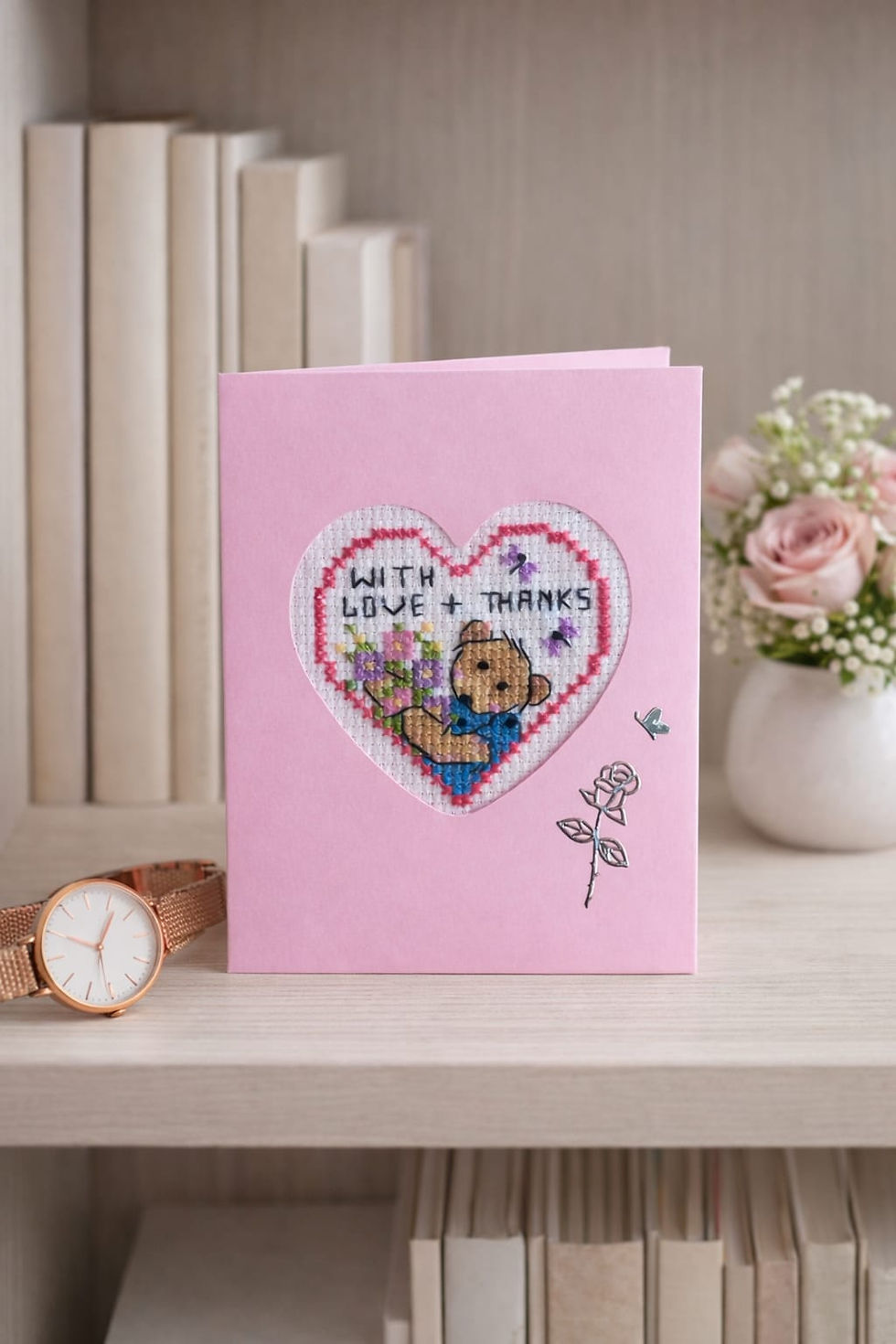 handcrafted Thank You card of teddy and flowers