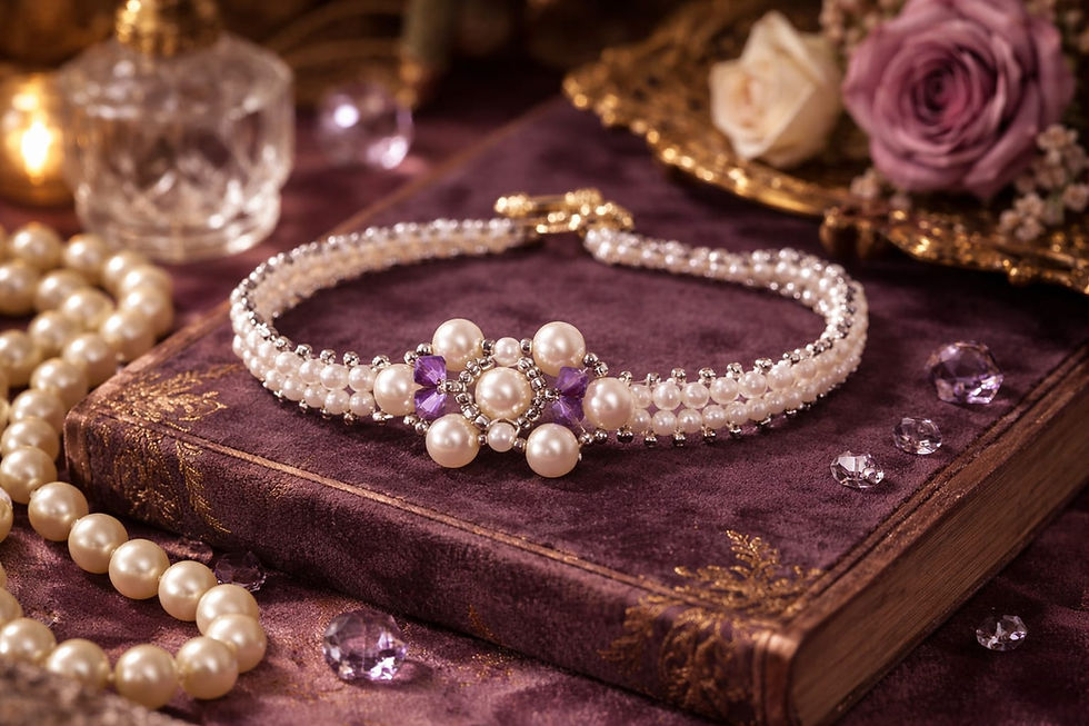 Handmade pearl bracelet featuring purple beads