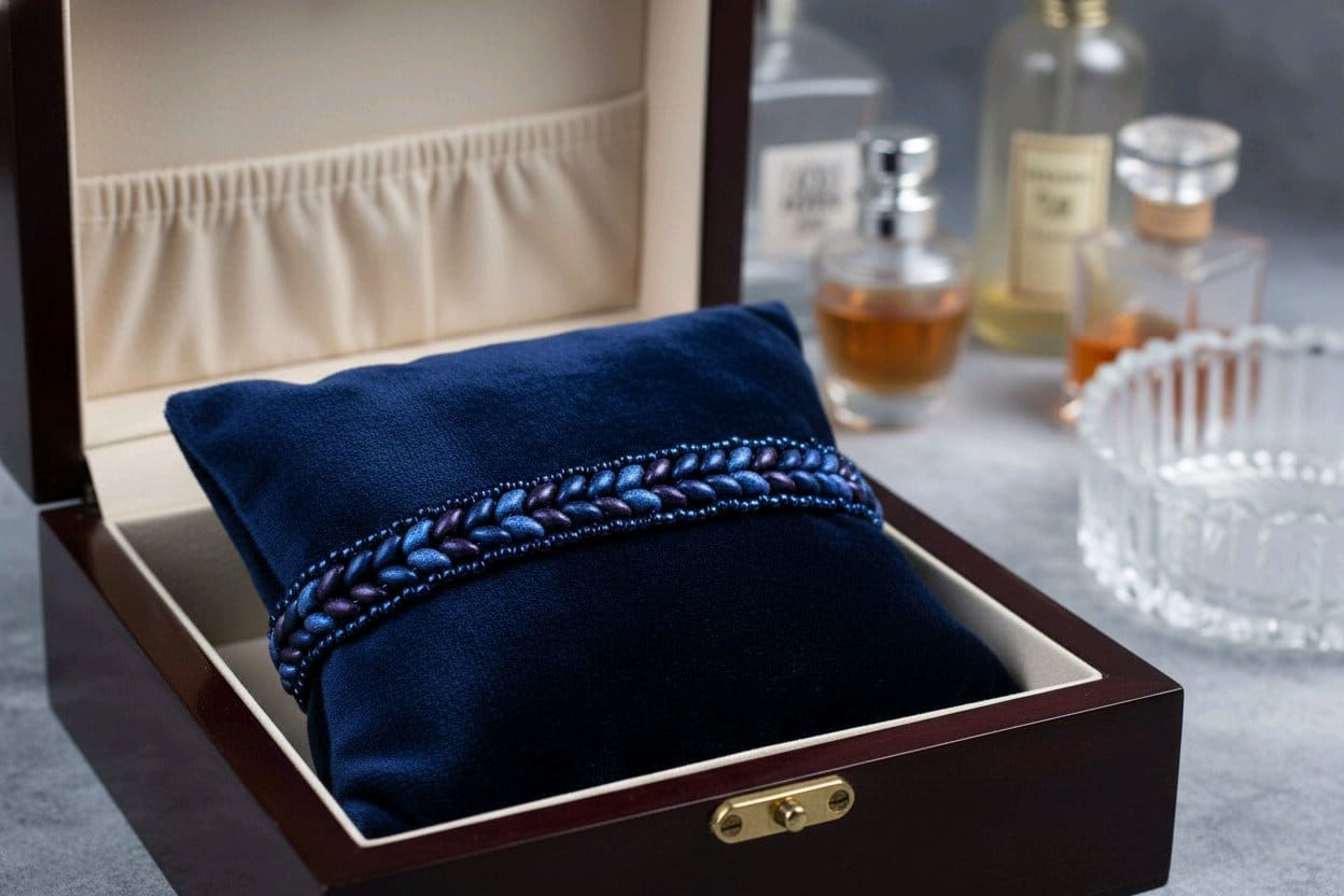 Handmade metallic suede blue, dark blue, suede purple and metallic nebula beaded bracelet