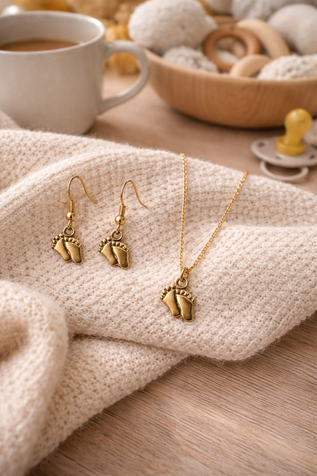 Handcrafted tiny toes gold necklace and earrings set