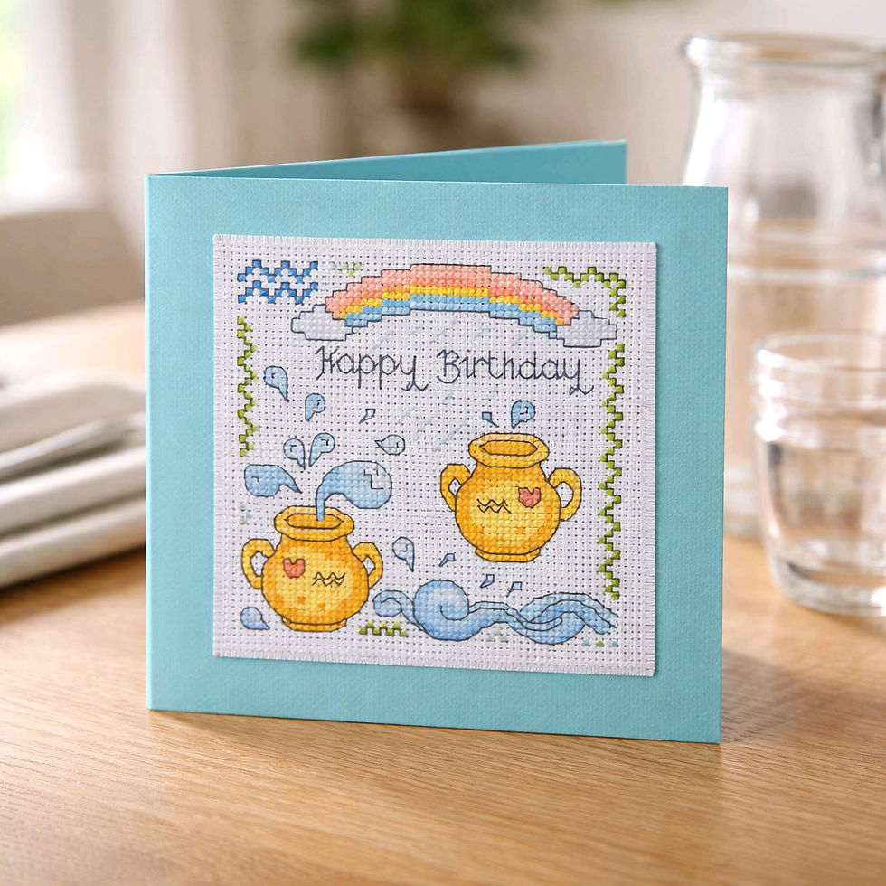 Thumbnail: Handcrafted card of water jugs under a rainbow depicting the starsign Aquarius