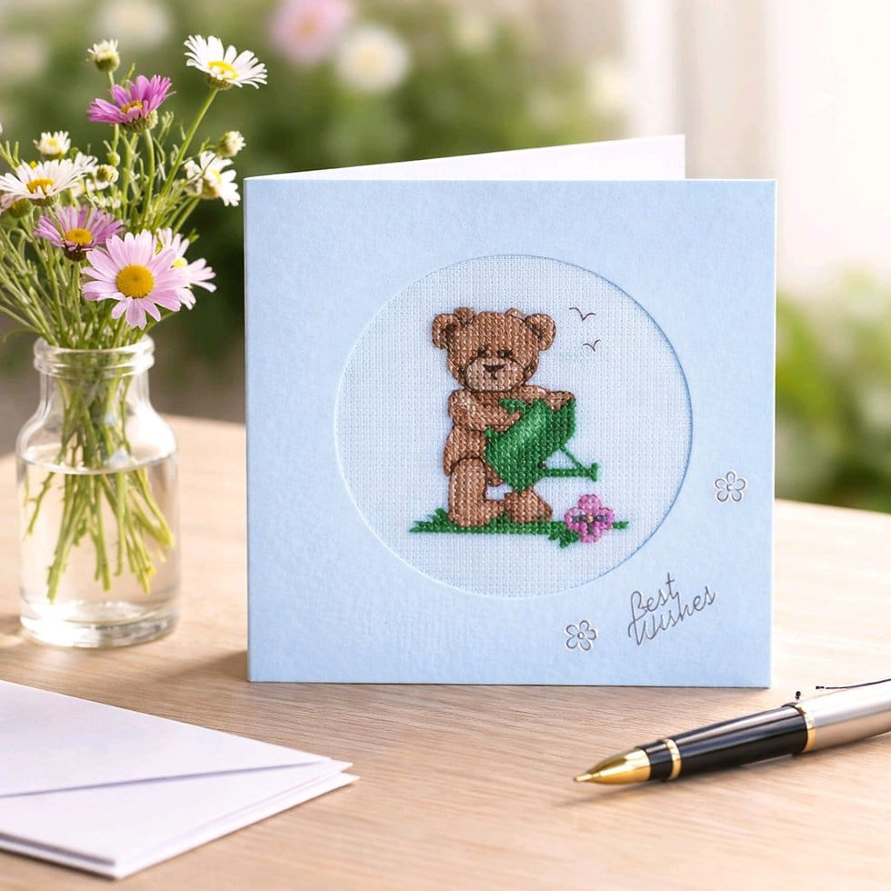 Thumbnail: handcrafted greeting card of teddy bear and watering can