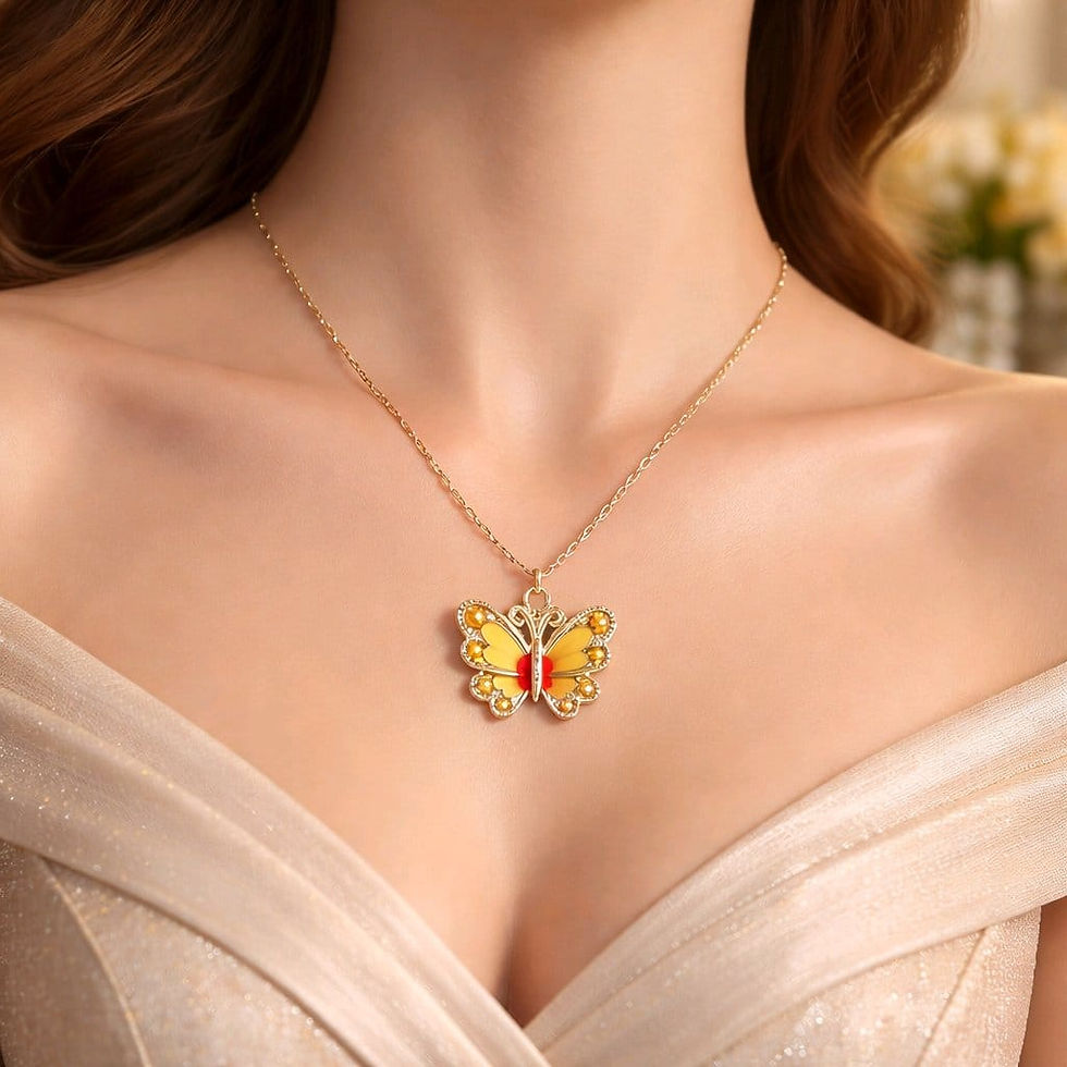 Thumbnail: Handcrafted yellow butterfly rhinestone on a silver necklace