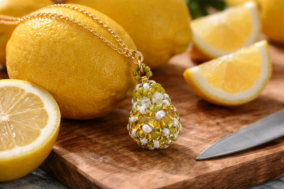 Handmade lime green, gold, and white beaded pendant necklace on gold chain 