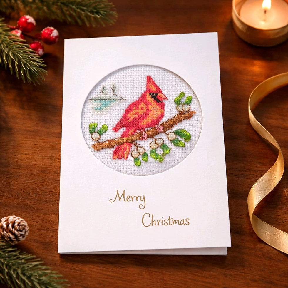 handcrafted Xmas card of a red cardinal on a branch of mistletoe