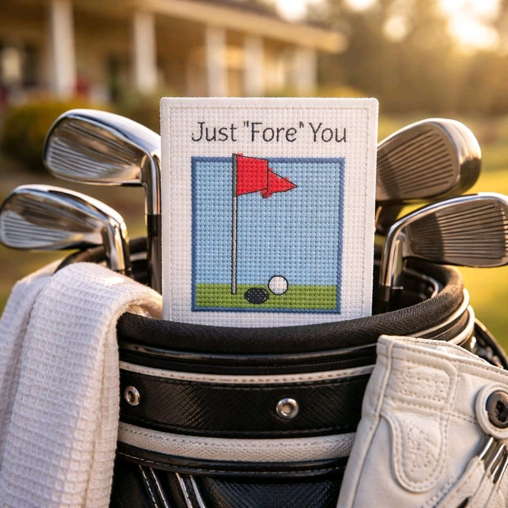 handcrafted 'Just Fore You' card of golf ball on a green