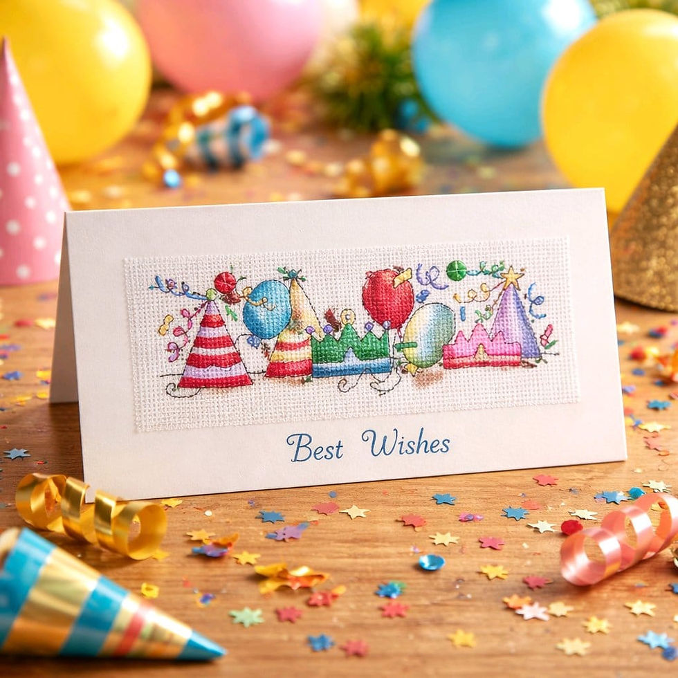 handcrafted greeting card of party hats and balloons